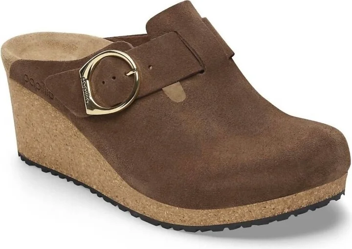 Women's Fanny Ring-Buckle Suede Leather Clog - Medium/narrow In Dark Tea