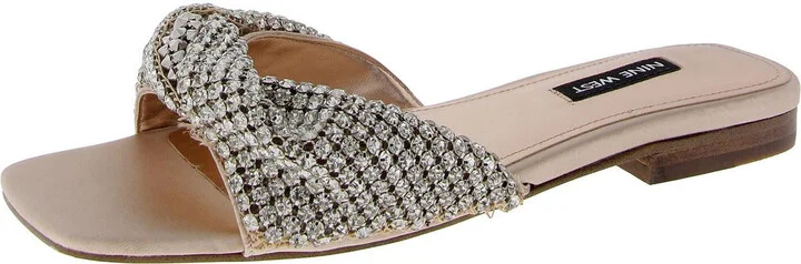 Womens Faux Leather Embellished Slide Sandals