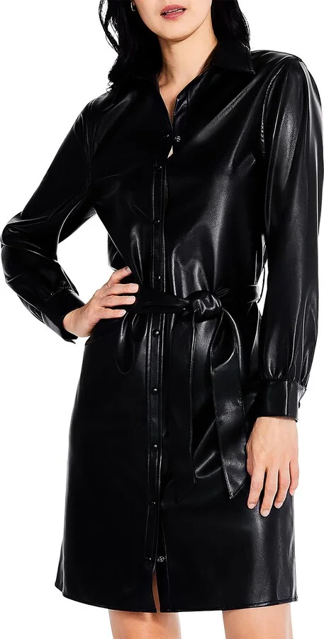 Womens Faux Leather Knee Length Shirtdress