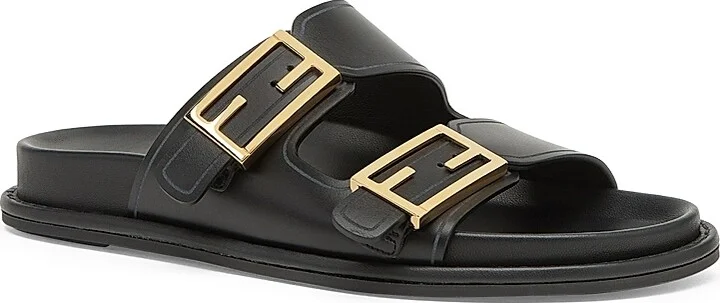 Women's Fendi Feel Buckle Leather Slides - Black - Size 5 Sandals - Image 2
