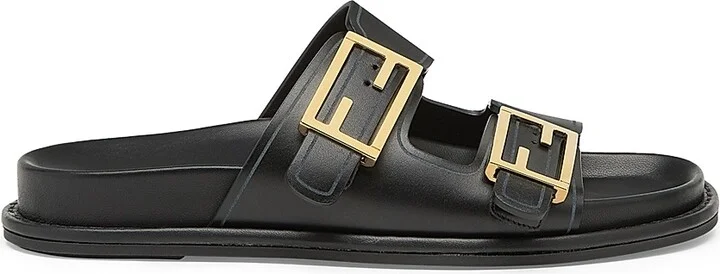 Women's Fendi Feel Buckle Leather Slides - Black - Size 5 Sandals