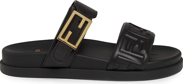 Women's Fendi Feel Leather Double Strap Sandals - Nero - Size 5