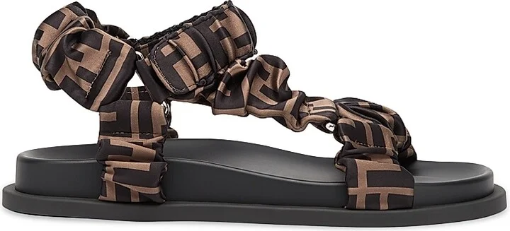 Women's FF Monogram Satin Ruched Sport Sandals - Tabacco Nero - Size 5
