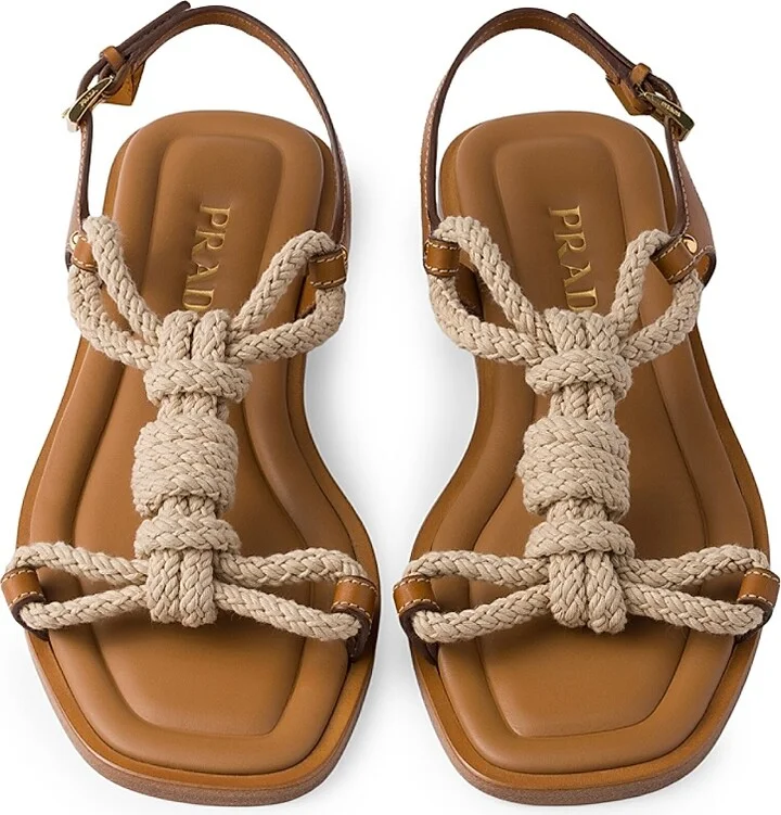 Women's Flat Leather and Cord Sandals - Light Brown - Size 7 - Image 2