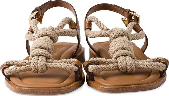 Women's Flat Leather and Cord Sandals - Light Brown - Size 7 - Image 4