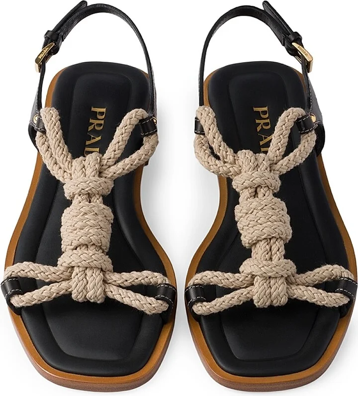 Women's Flat Leather and Cord Sandals - Light Brown - Size 7 - Image 10