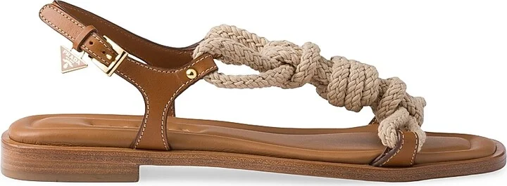 Women's Flat Leather and Cord Sandals - Light Brown - Size 7
