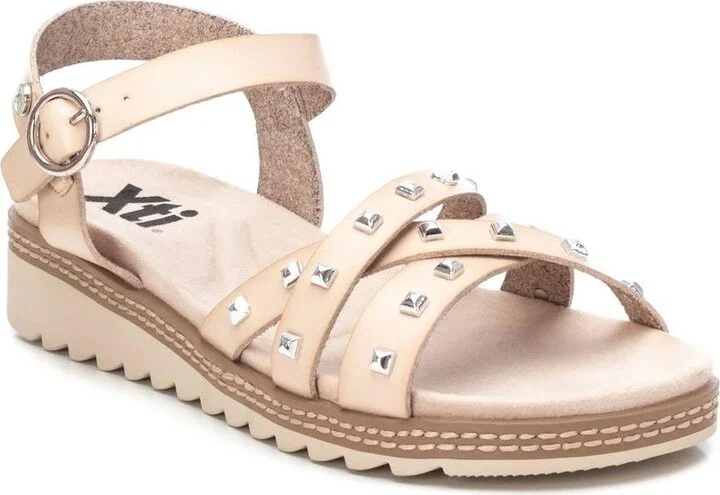 Women's Flat Sandals With Silver Studs By Xti, Beige - Image 2