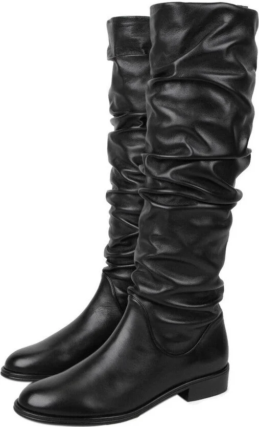 Women's Flatscrunchy Black Nappa Leather Knee High Boots - Image 2