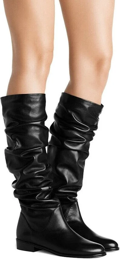 Women's Flatscrunchy Black Nappa Leather Knee High Boots