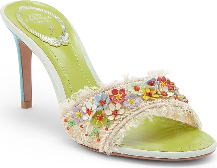 Women's Floral 80MM Lace Satin Sandals - Beige Lace - Size 5 - Image 2