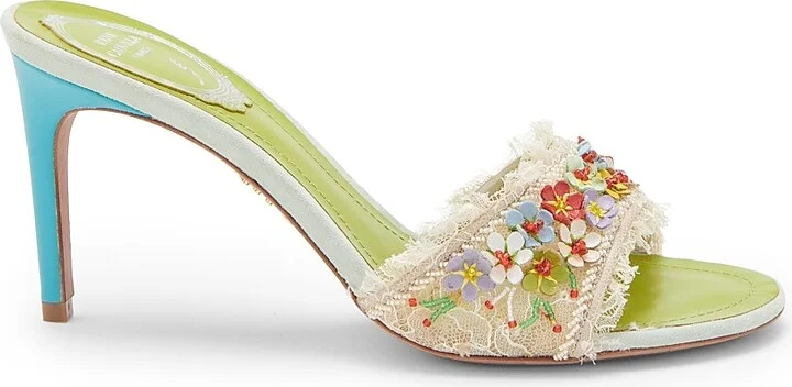 Women's Floral 80MM Lace Satin Sandals - Beige Lace - Size 5