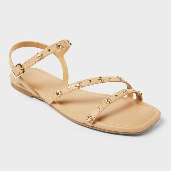 Women's Florence Embellished Ankle Strap Sandals with Memory Foam Insole - Universal Thread™ Tan : Open Toe, Adjustable Buckle
