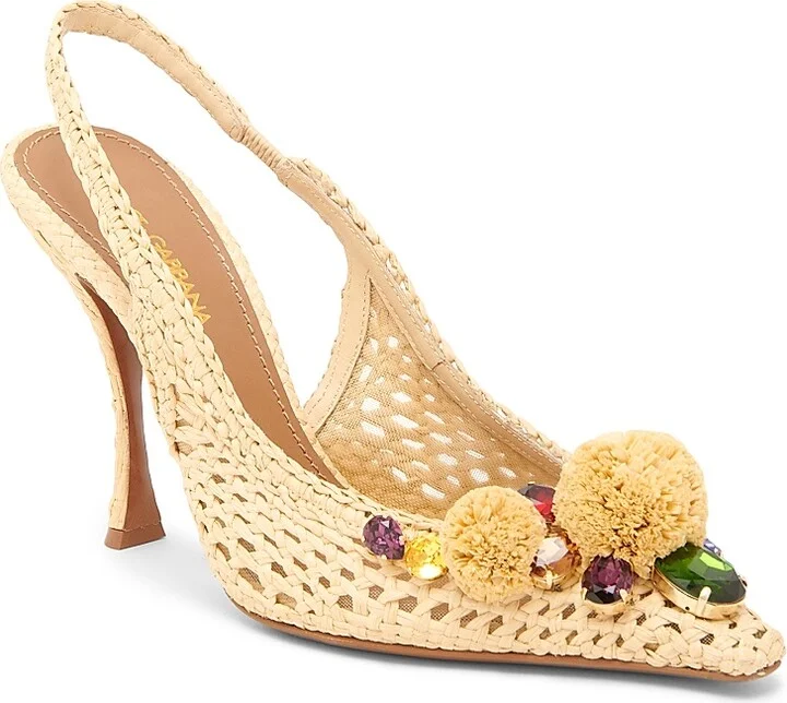 Women's Flower-Detailed Woven Slingback Pumps - Natural Multicolor - Size 6 - Image 2