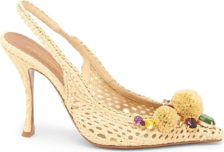 Women's Flower-Detailed Woven Slingback Pumps - Natural Multicolor - Size 6