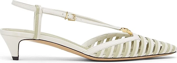 Women's Fold 40MM Striped Cut-Out Leather Kitten-Heel Pumps - Bianco Sage - Size 5