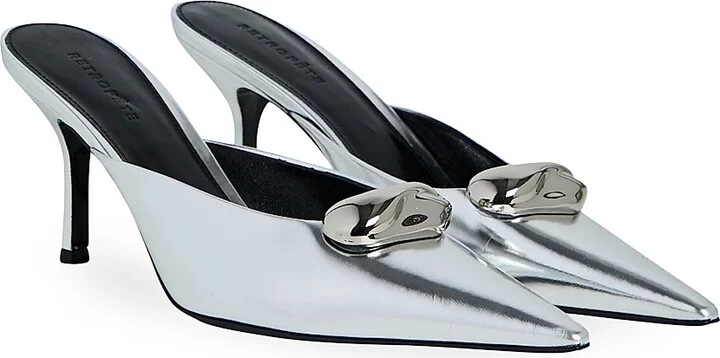 Women's Francesca 75MM Leather Kitten Mules - Shiny Silver - Size 6 - Image 2