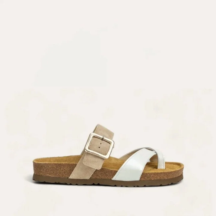 Women's Fresno Sandal In White Pearl Leather,sandstone Sued