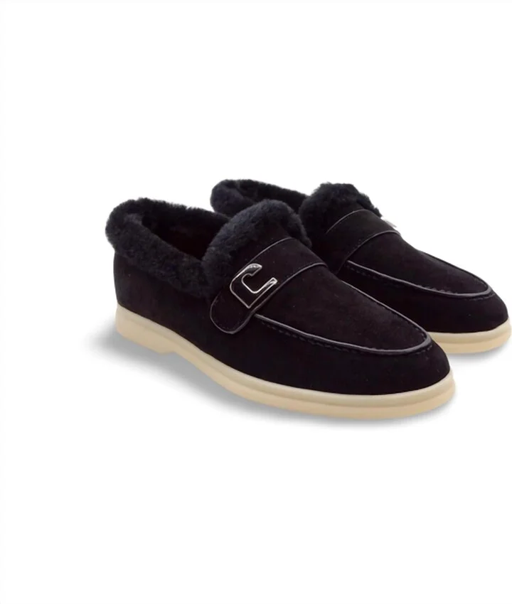 Women's Fur Loafer In Black Suede