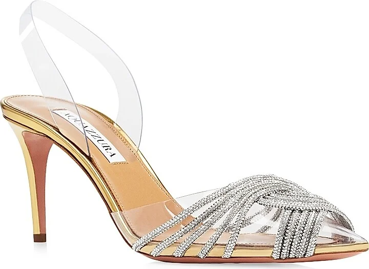 Women's Gatsby 75MM Crystal-Embellished PVC Slingback Sandals - Soft Gold - Size 5 - Image 2