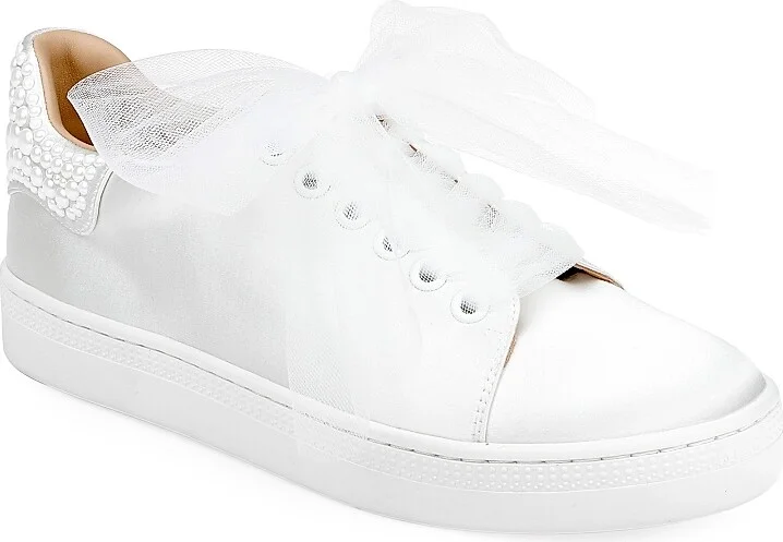 Women's Gem Embellished Satin Low-Top Sneakers - White Satin - Size 5 - Image 2