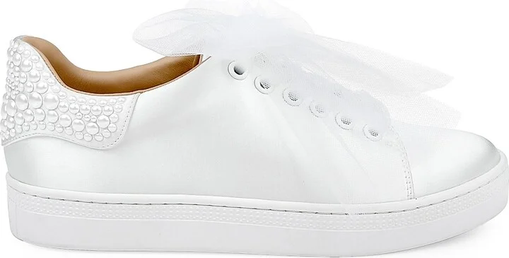 Women's Gem Embellished Satin Low-Top Sneakers - White Satin - Size 5