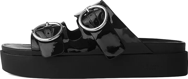 Women's Geo Buckle Patent Leather Platform Sandals - Black - Size 6.5