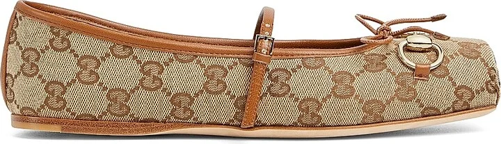 Women's GG Canvas Horsebit Ballet Flats - Beige Ebony - Size 8