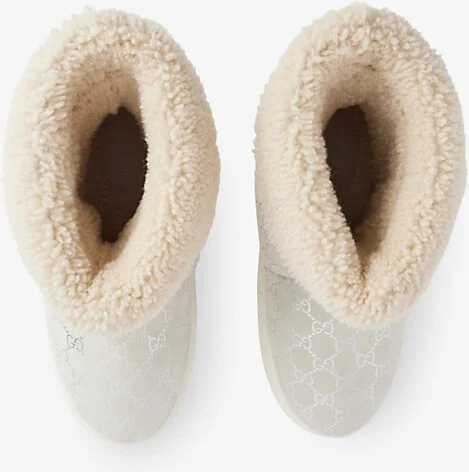 Womens Glam Silver Off White Metallic Brand-Monogram Shearling-Trim Suede Boots Eur 38/5 Uk Women - Image 2