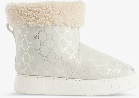 Womens Glam Silver Off White Metallic Brand-Monogram Shearling-Trim Suede Boots Eur 38/5 Uk Women