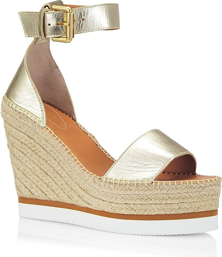 Women's Glyn Metallic Leather Espadrille Wedges - Light Gold - Size 9 - Image 2