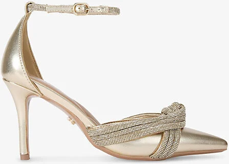 Womens Gold Arielle Crystal-Knot Metallic Faux-Leather Court Heels Eur 37 / 4 Uk Women