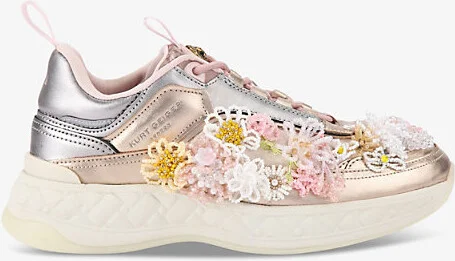 Womens Gold Comb Kensington Beaded-Flower Leather Low-Top Trainers Eur 41 / 8 Uk Women