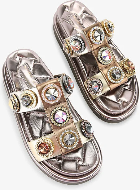 Womens Gold Comb Orson Crystal-Embellished Metallic-Leather Sandals 10 - Image 2