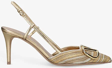 Womens Gold Comb Vlogo Signature 80 Metallic-Leather Slingback Pumps Eur 37 / 4 Uk Women