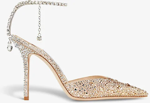 Womens Gold/Crystal Saeda 100 Crystal-Embellished Satin Heeled Courts Eur 39.5 / 6.5 Uk Women