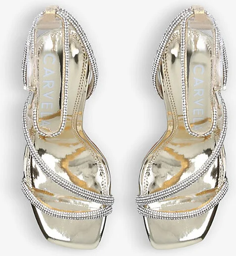 Womens Gold Paparazzi Crystal-Embellished Metallic Faux-Leather Heeled Sandals Eur 39 / 6 Uk Women - Image 2