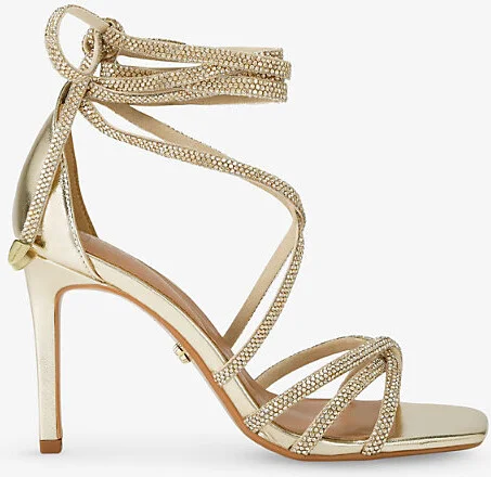 Womens Gold Paparazzi Tie Crystal-Embellished Metallic Faux-Leather Heels Eur 38/5 Uk Women