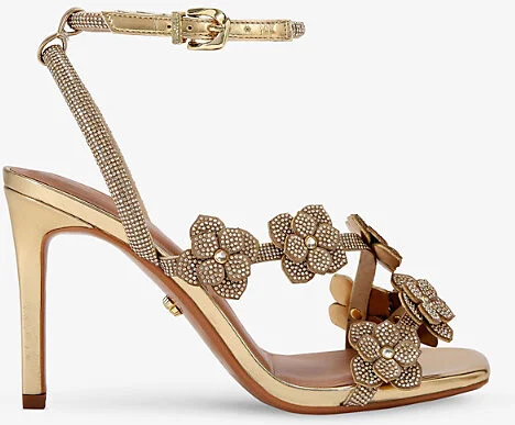 Womens Gold Petalo Rhinestone-Embellished Metallic Faux-Leather Heeled Sandals Eur 39 / 6 Uk Women