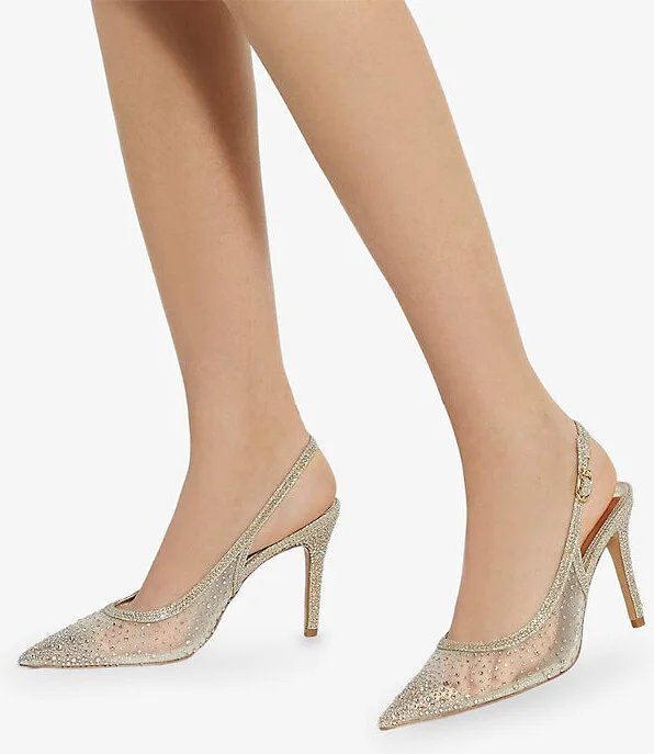 Womens Gold Plain Synthetic Compassionate Rhinestone-Embellished Mesh Courts Eur 37 / 4 Uk Women - Image 2