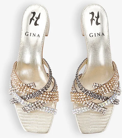 Womens Gold Roma Swarovski Crystal and Leather Heeled Mules Eur 40.5 / 7.5 Uk Women - Image 2
