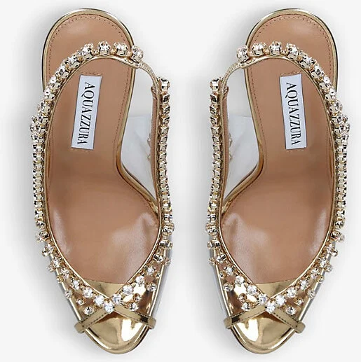 Womens Gold Temptation Crystal-Embellished Leather and PVC Heeled Sandals Eur 38.5 / 5.5 Uk Women - Image 2
