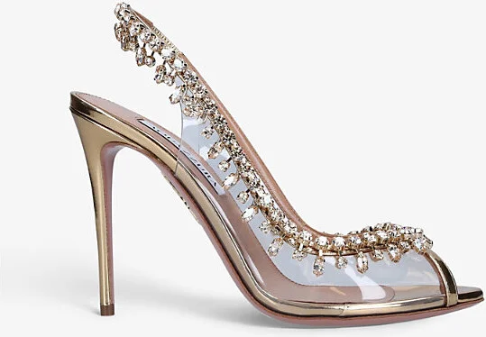 Womens Gold Temptation Crystal-Embellished Leather and PVC Heeled Sandals Eur 38.5 / 5.5 Uk Women
