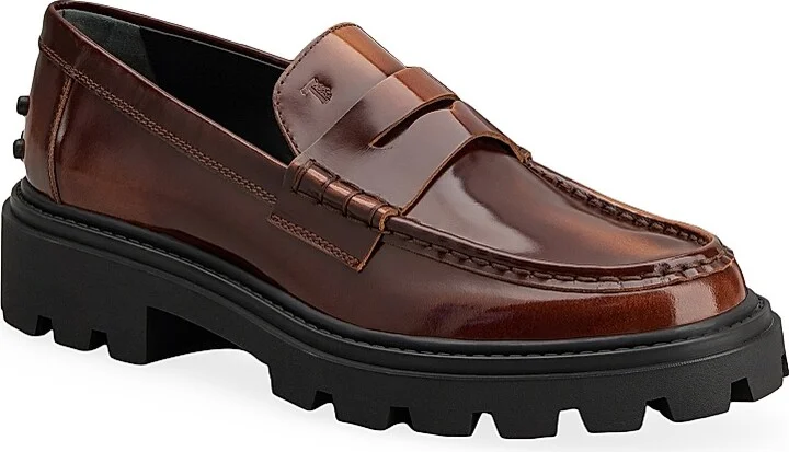 Women's Gomma Pesante Leather Lug-Sole Penny Loafers - Brown - Size 7 - Image 2