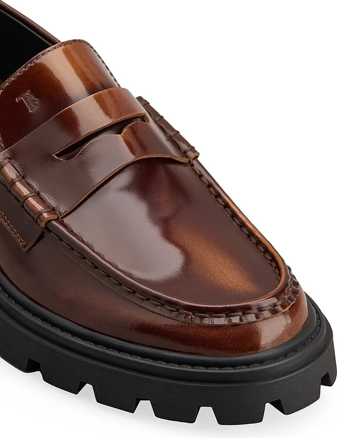Women's Gomma Pesante Leather Lug-Sole Penny Loafers - Brown - Size 7 - Image 4