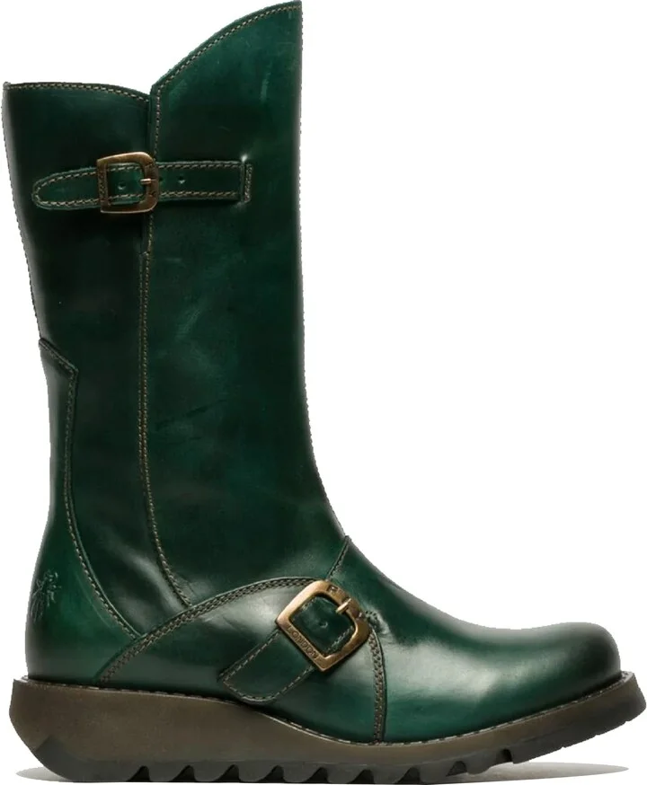 Womens Green MES 2 Wedge Heel Buckle Mid-Calf Leather Zip Platform Boots