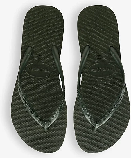 Womens Green Olive Top Embossed Logo Rubber Flip-Flops 1/2 - Image 2
