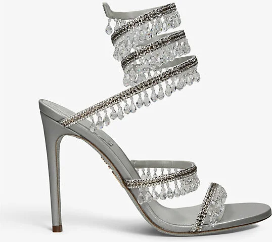 Womens Grey Chandelier Bead-Embellished Leather Heeled Sandals Eur 39.5 / 6.5 Uk Women