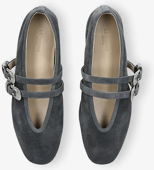 Womens Grey/Dark Claudia Two-Buckle Suede Flats Eur 36 / 3 Uk Women - Image 2