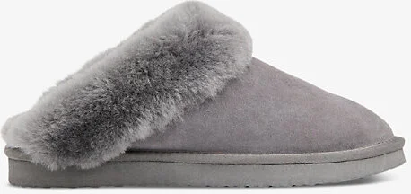 Womens Grey Emilia Sheepskin-Cuff Suede Slippers Eur 38/5 Uk Women